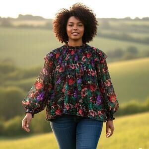 Cato Blouse Womens 22 24W Green Floral Mock Neck Sheer Sleeve Babydoll Boho Top